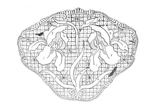 Disegno per ventaglio in merletto, decorato, su un fondo rete “a ragni”, da due iris in tipico stile Liberty; Scuola merletti di Brazzà, fine XIX sec.